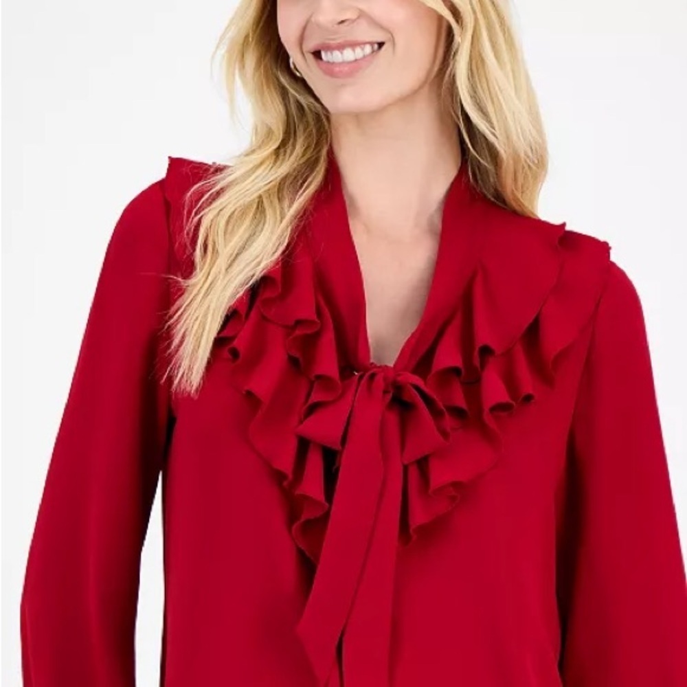 #129 KASPER RUFFLED TIE FRONT V-NECK RED BLOUSE TOP SIZE MEDIUM